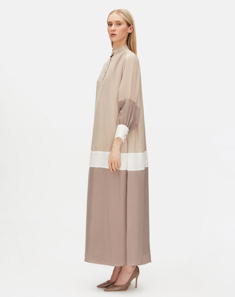 T25Y-4048 Keten Detaylı Dik Yaka Cupro Elbise STONE / BLACK - 2