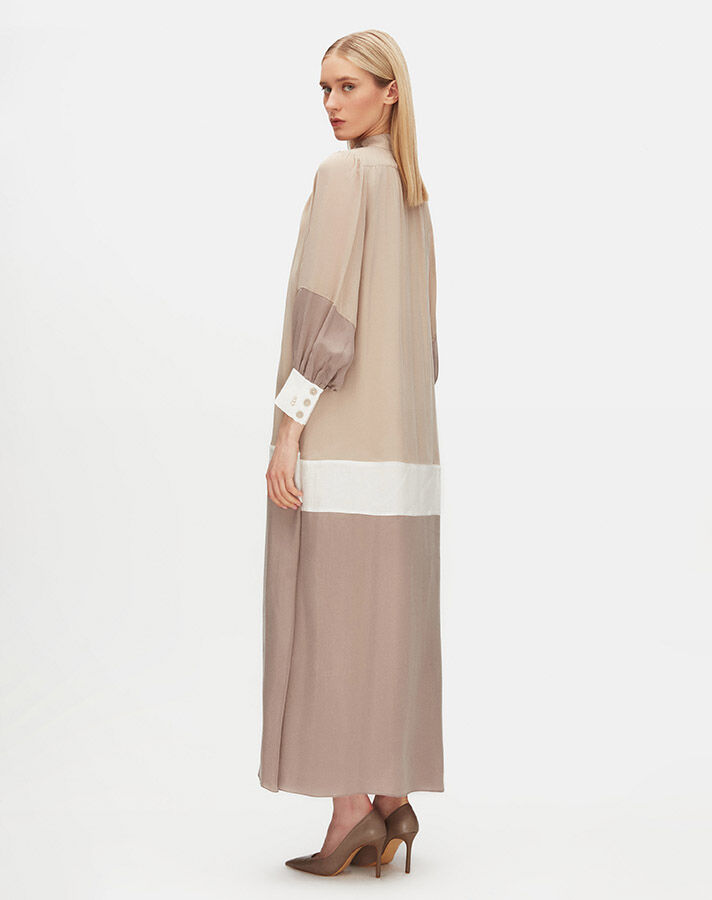 T25Y-4048 Keten Detaylı Dik Yaka Cupro Elbise STONE / BLACK - 3