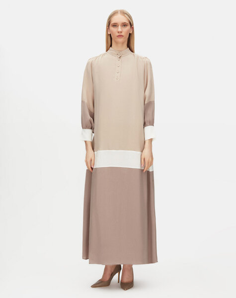 Keten Detaylı Dik Yaka Cupro siyah Taş Rengi Elbise - 1