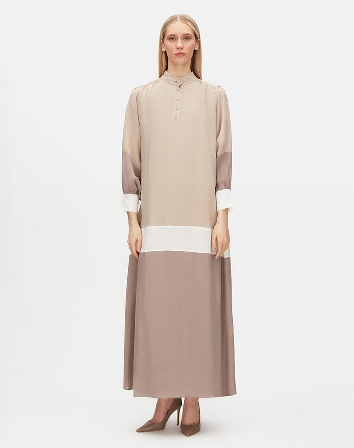 Keten Detaylı Dik Yaka Cupro siyah Taş Rengi Elbise - 1