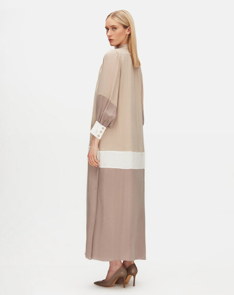 Keten Detaylı Dik Yaka Cupro siyah Taş Rengi Elbise - 3