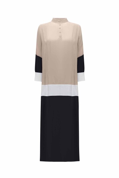 Keten Detaylı Dik Yaka Cupro Taş Rengi Siyah Elbise - 1