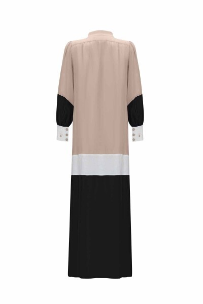 Keten Detaylı Dik Yaka Cupro Taş Rengi Siyah Elbise - 3