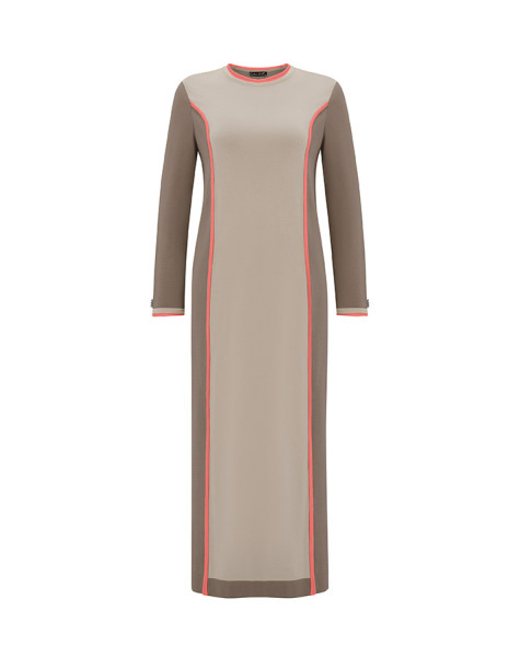 Renk Bloklu Triko Vizon Elbise - 1