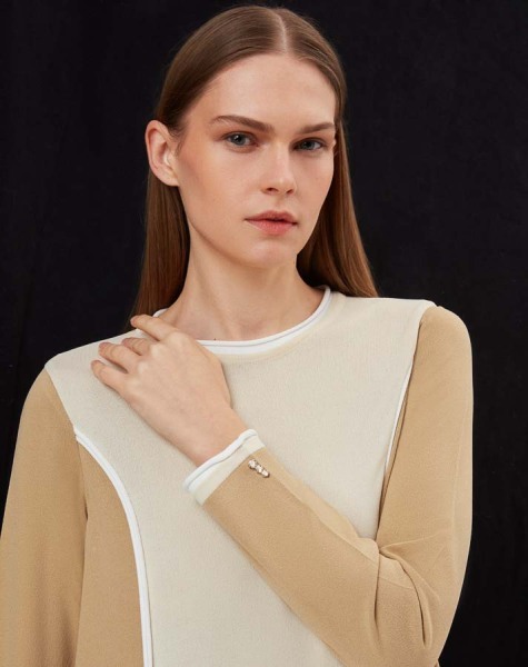 Renk Bloklu Triko Camel Elbise - 2