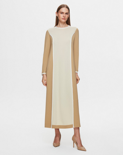 T25Y-4050 Renk Bloklu Triko Elbise 1241-CAMEL 