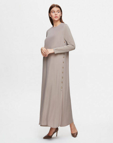 T25Y-4052 Yanları Düğmeli Cupro Elbise 1147-STONE - 1