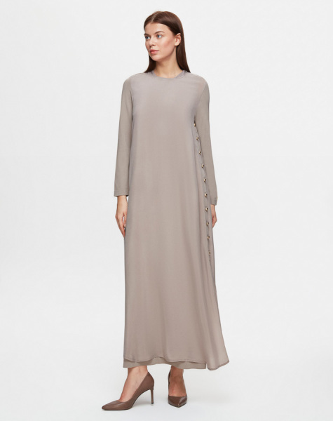 T25Y-4052 Yanları Düğmeli Cupro Elbise 1147-STONE - 2