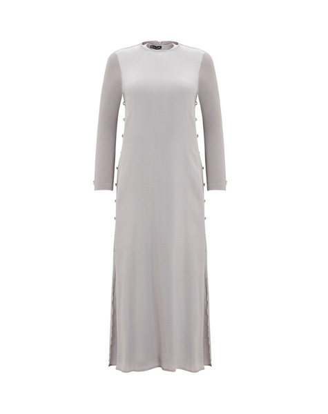 T25Y-4052 Yanları Düğmeli Cupro Elbise 1147-STONE - 8