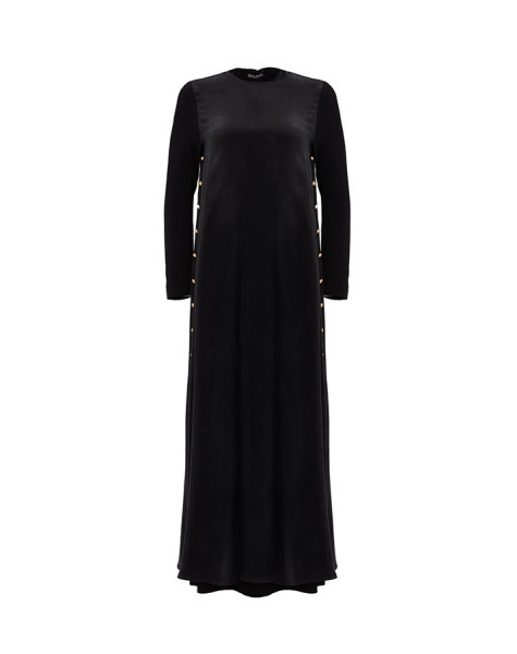 T25Y-4052 Yanları Düğmeli Cupro Elbise BLACK - 2