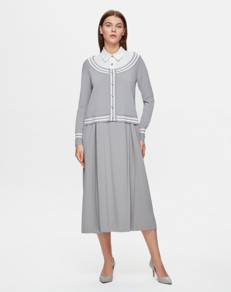 T25Y-4054 Gömlek Yaka Detaylı Triko Elbise 1179-GREY 