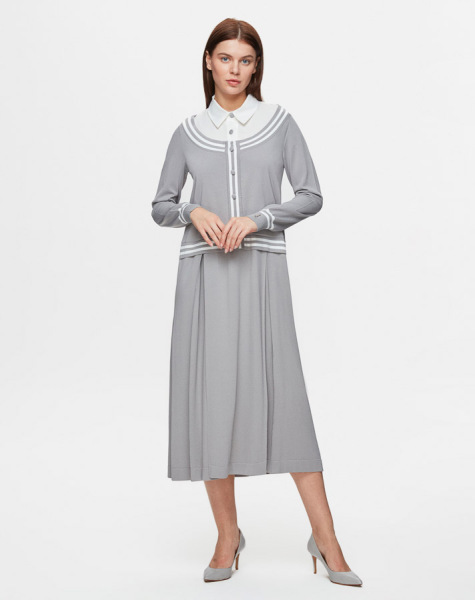 T25Y-4054 Gömlek Yaka Detaylı Triko Elbise 1179-GREY - 2