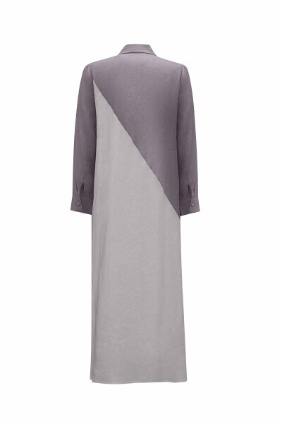 Gömlek Yaka İki Renk Keten Antrasit Elbise - 2