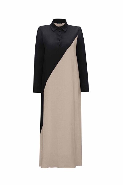 Gömlek Yaka İki Renk Keten Elbise Siyah Krem / - 1