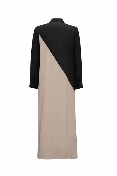 Gömlek Yaka İki Renk Keten Elbise Siyah Krem / - 3