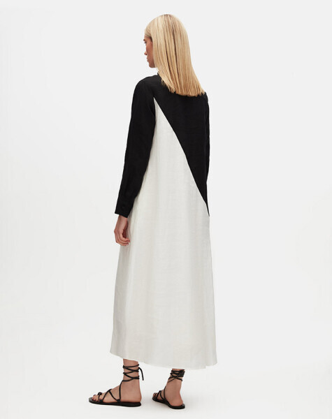 Gömlek Yaka İki Renk Keten Elbise Siyah Krem / - 4