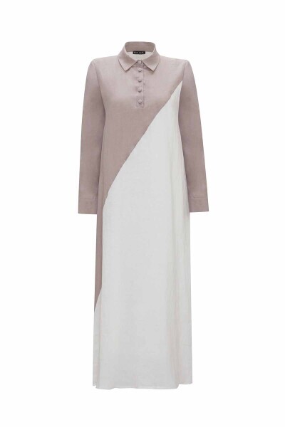 Gömlek Yaka İki Renk Keten Elbise Siyah Krem / - 5