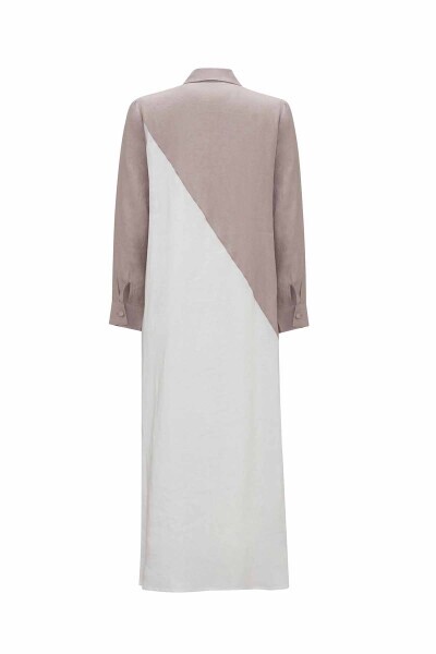 Gömlek Yaka İki Renk Keten Elbise Siyah Krem / - 6