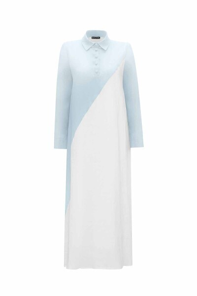 Gömlek Yaka İki Renk Keten Mavi Elbise - 1