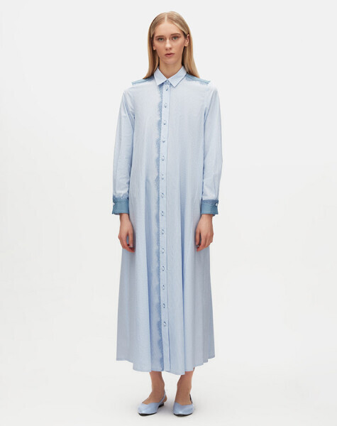 Tül ve Triko Detaylı Gömlek Lacivert Elbise - 1