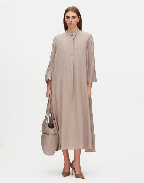 Cepli Düz Renk Keten Gömlek Siyah Elbise - 2