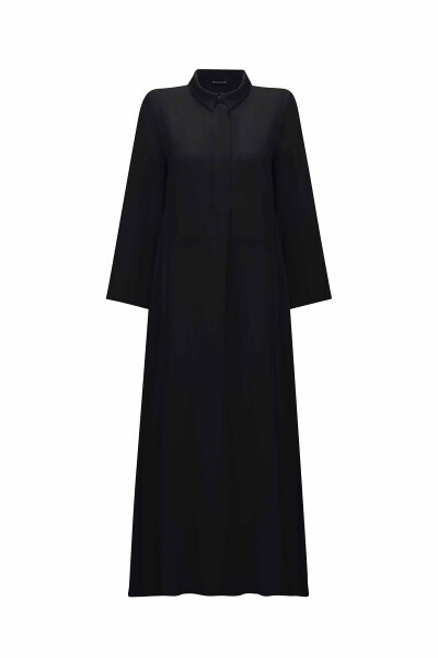 Cepli Düz Renk Keten Gömlek Siyah Elbise - 11