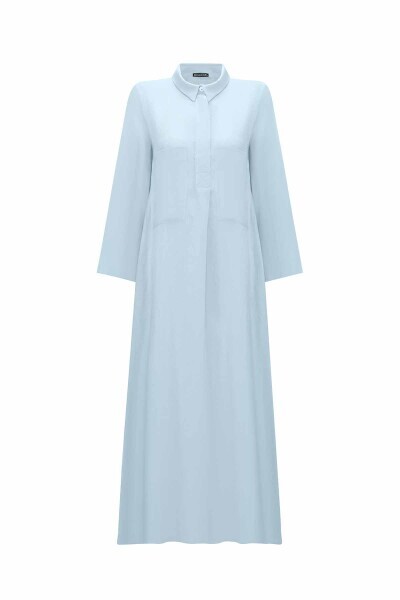 Cepli Düz Renk Keten Gömlek Mavi Elbise - 1