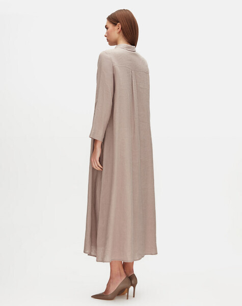 Cepli Düz Renk Keten Gömlek Vizon Elbise - 2