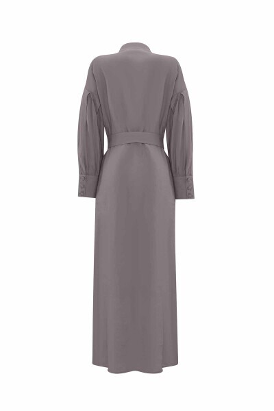 Hakim Yaka Düz Renk Keten Antrasit Elbise - 2