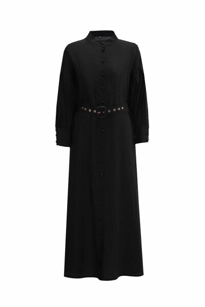 Hakim Yaka Düz Renk Keten Siyah Elbise 
