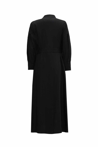 Hakim Yaka Düz Renk Keten Siyah Elbise - 2