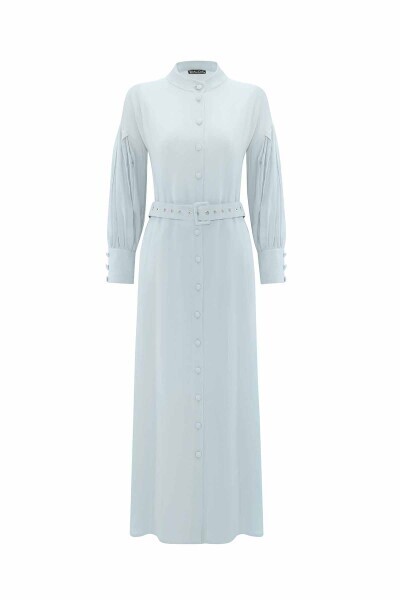 Hakim Yaka Düz Renk Keten Mavi Elbise - 1