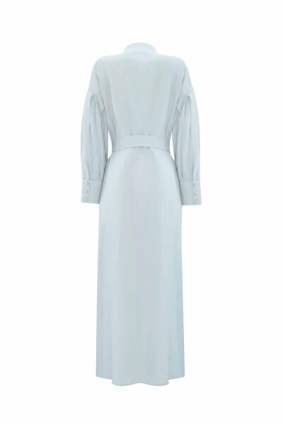 Hakim Yaka Düz Renk Keten Mavi Elbise - 2