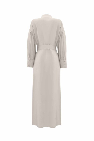 Hakim Yaka Düz Renk Keten Gri Elbise - 2