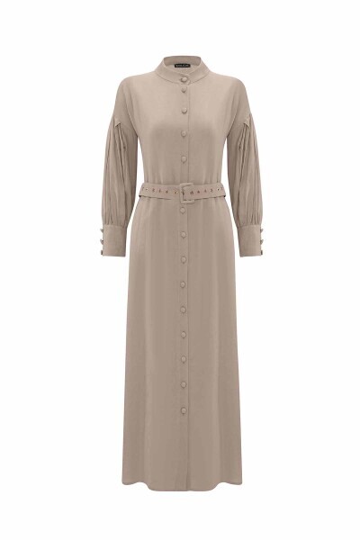 Hakim Yaka Düz Renk Keten Vizon Elbise 