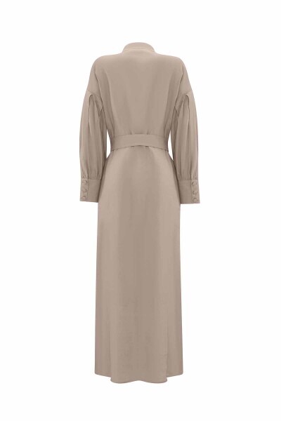 Hakim Yaka Düz Renk Keten Vizon Elbise - 2