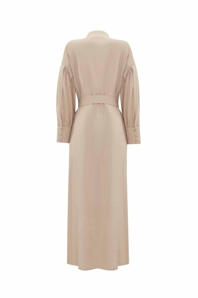 Hakim Yaka Düz Renk Keten Taş Renk Elbise - 2