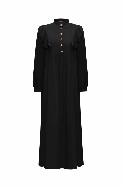 T25Y-4061 Yaka Detaylı Keten Cupro Elbise BLACK - 1