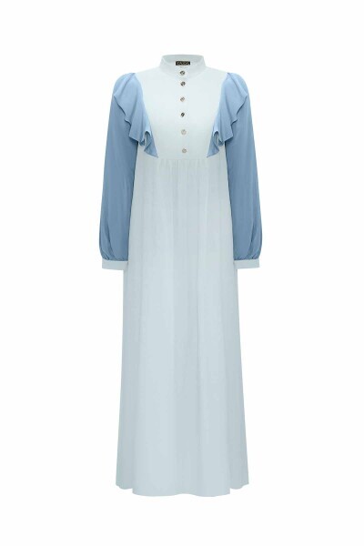 T25Y-4061 Yaka Detaylı Keten Cupro Elbise BLUE - 1