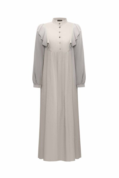 Yaka Detaylı Keten Cupro Gri Elbise - 1