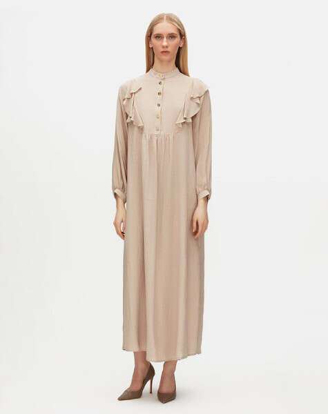 Yaka Detaylı Keten Cupro Taş Rengi Elbise - 1