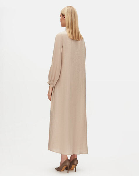 Yaka Detaylı Keten Cupro Taş Rengi Elbise - 2