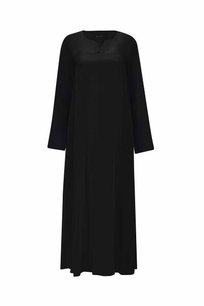 Rahat Kesim Keten Detaylı Cupro Siyah Elbise - 1