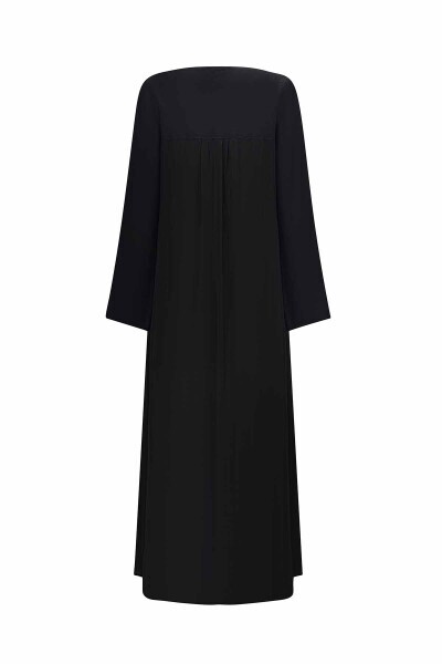 Rahat Kesim Keten Detaylı Cupro Siyah Elbise - 2