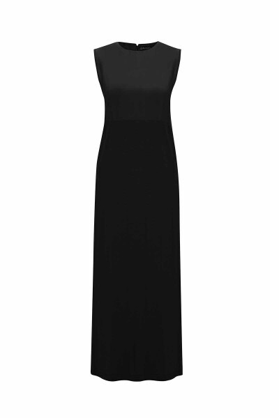 T25Y-4062 Rahat Kesim Keten Detaylı Cupro Elbise BLACK - 3