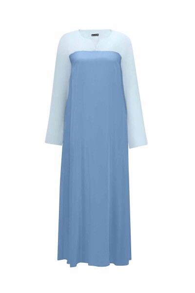 Rahat Kesim Keten Detaylı Cupro Mavi Elbise - 1