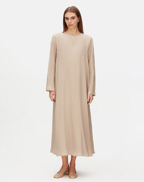 Rahat Kesim Keten Detaylı Cupro Taş Rengi Elbise 