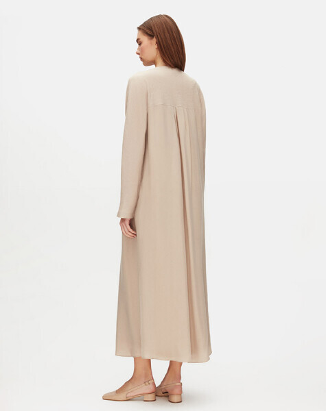 Rahat Kesim Keten Detaylı Cupro Taş Rengi Elbise - 2