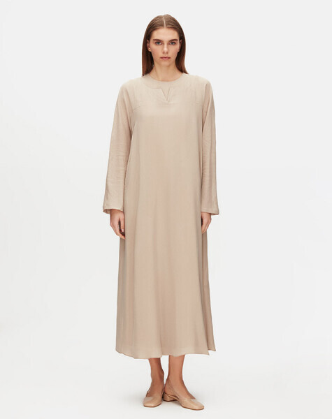 Rahat Kesim Keten Detaylı Cupro Taş Rengi Elbise - 3