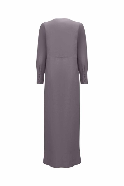 Çiçek Broş Detaylı Düz Renk Keten Antrasit Elbise - 2